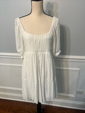 Abound White Textured Puff Sleeve Prairie Cottagecore Mini Dress Lined M